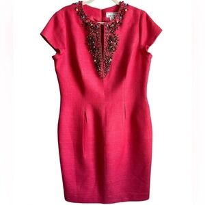 Vintage - Women's 100% Silk‎ Midi Dress w/ Beaded Collar - Sz 12 - Red/Coral